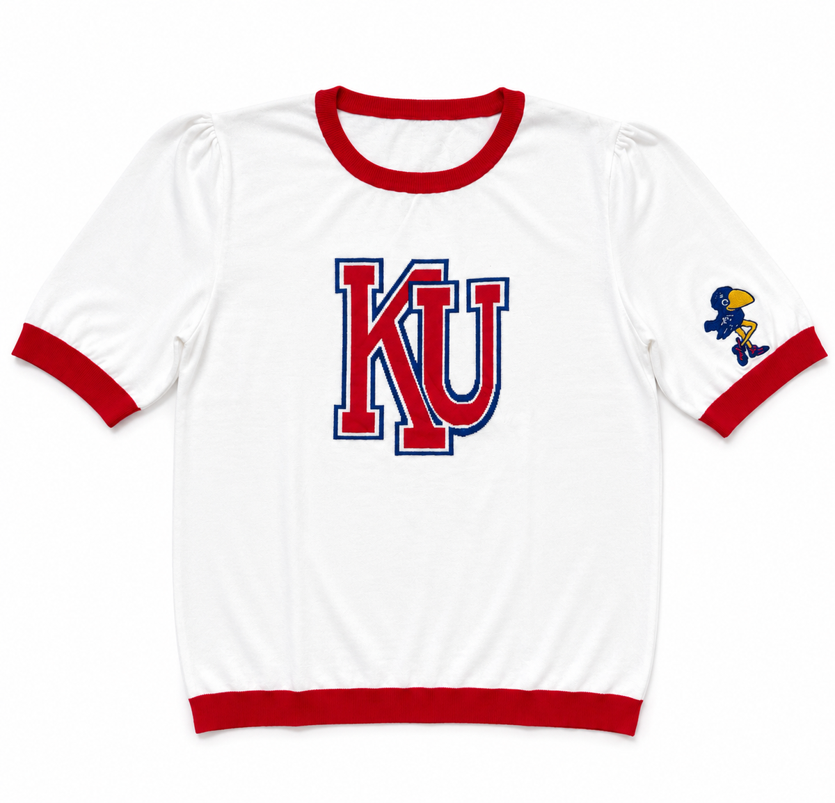 White KU short sleeve sweater with 1912 Vault Kansas Jayhawk