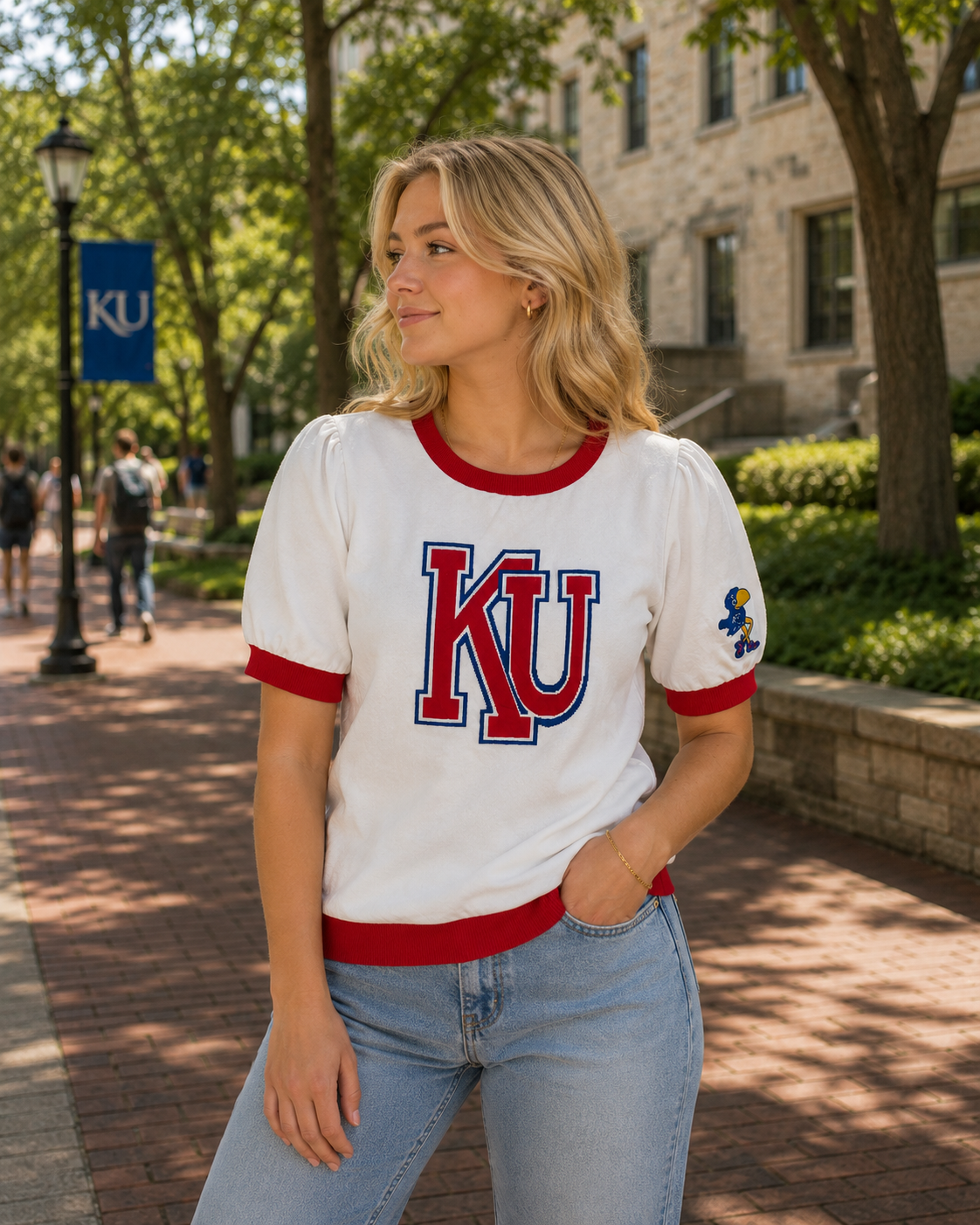 White KU short sleeve sweater with 1912 Vault Kansas Jayhawk
