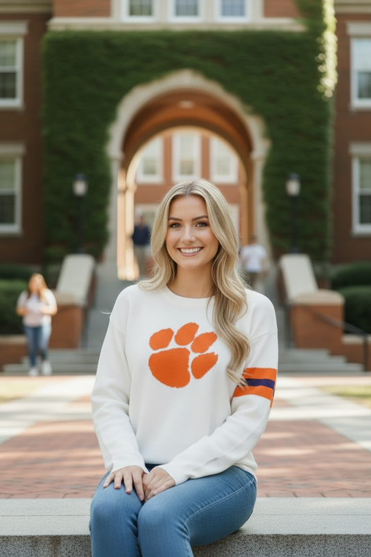 Clemson University Tiger Paw white crewneck sweater
