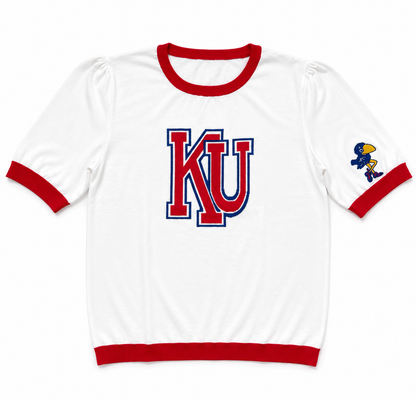 White KU short sleeve sweater with 1912 Vault Kansas Jayhawk
