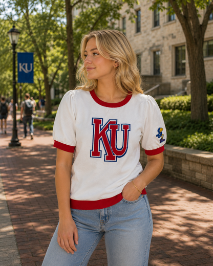 White KU short sleeve sweater with 1912 Vault Kansas Jayhawk